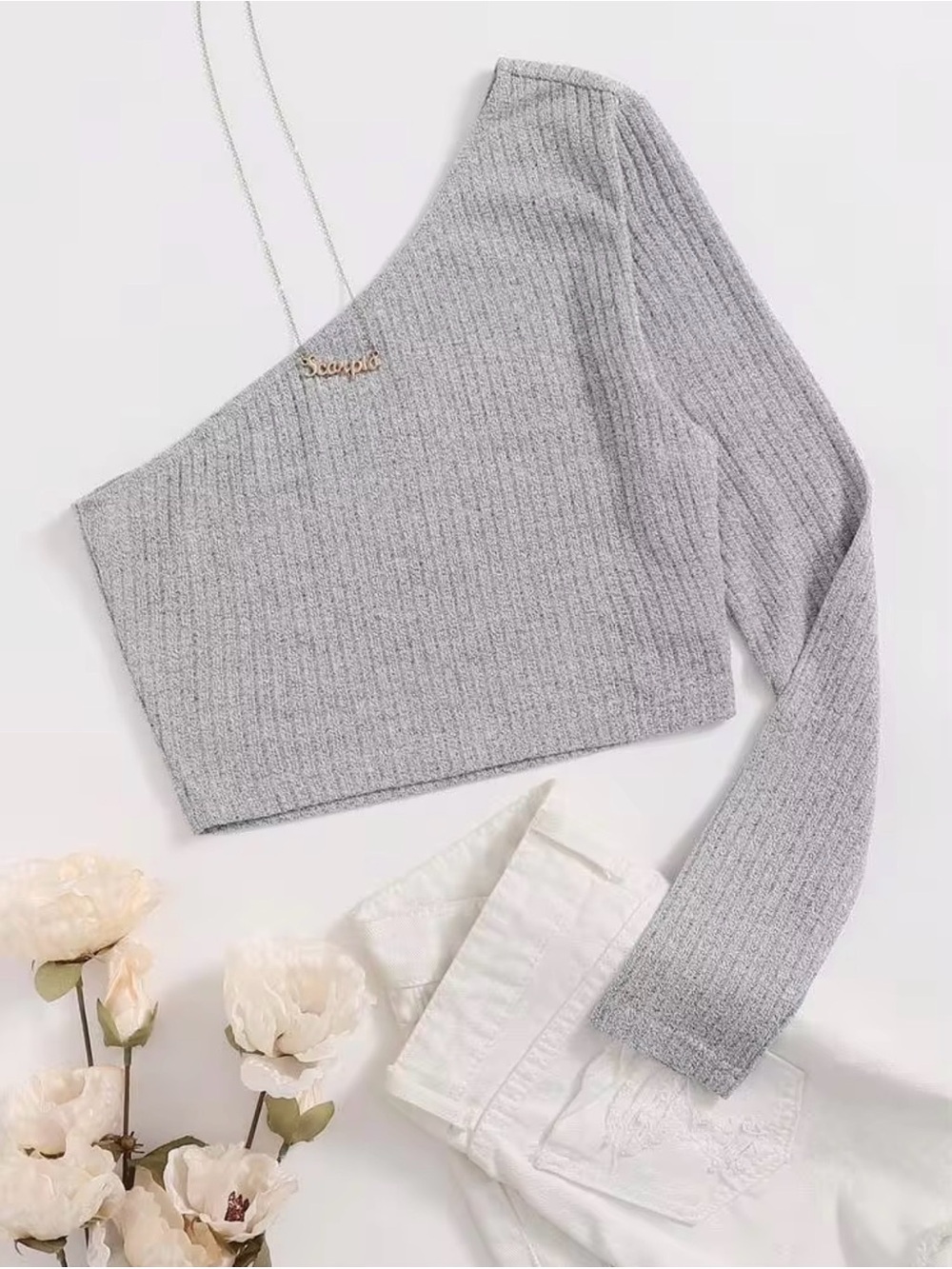 SHEIN Grey One-Shoulder Ribbed Crop Top